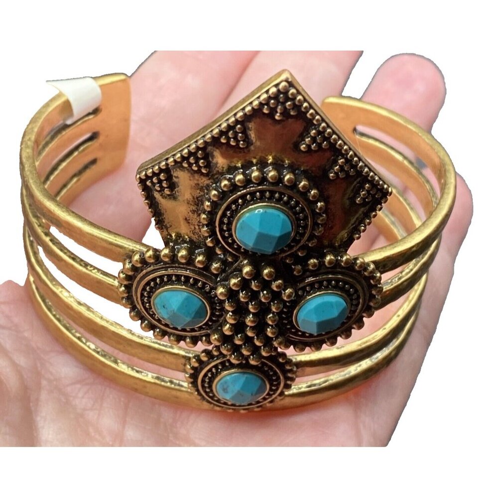 Signed Lucky Brand Bracelet Turquoise Elements Large Cuff Gold Tone NWT Western - Picture 1 of 12